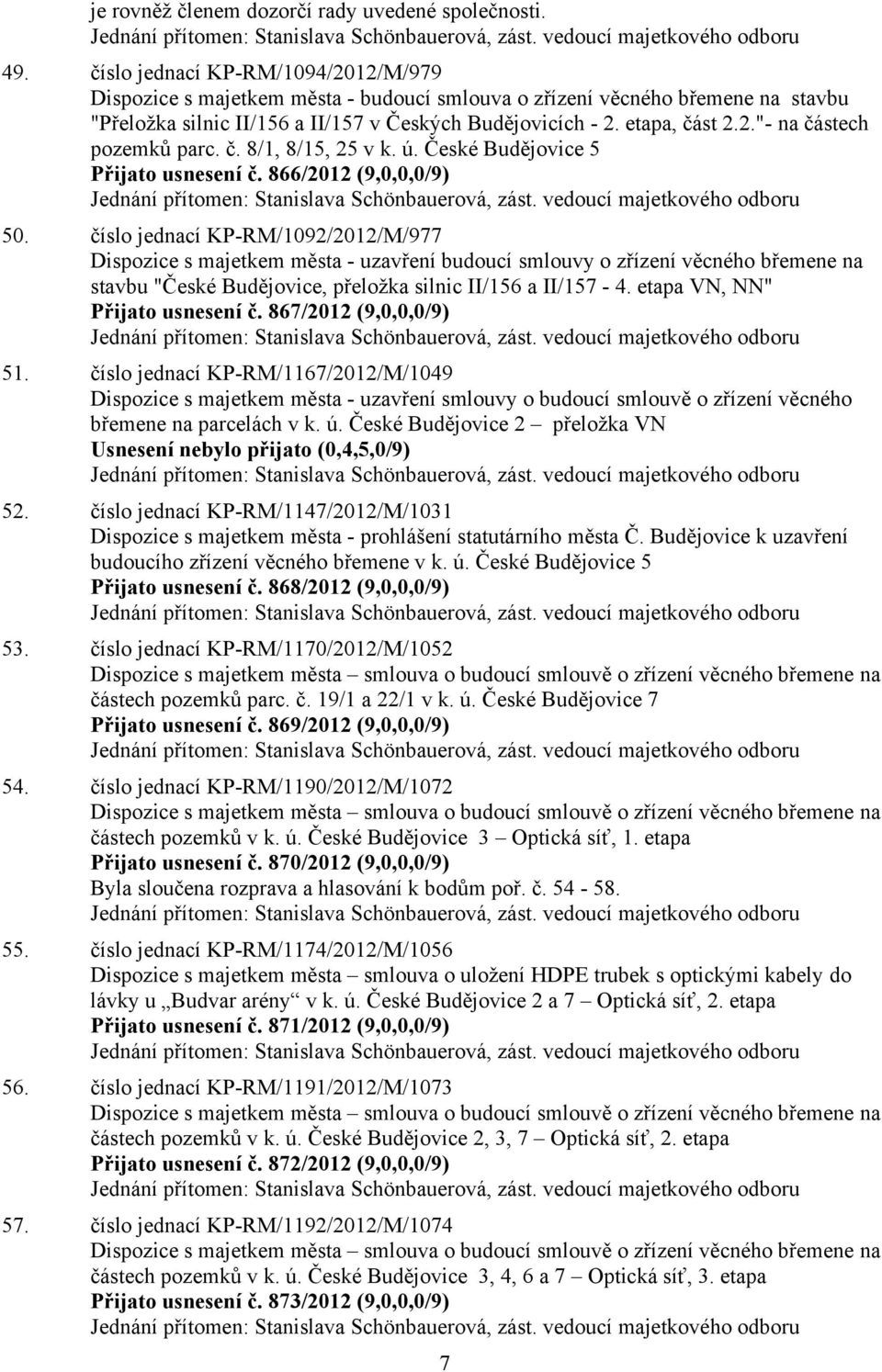 č. 8/1, 8/15, 25 v k. ú. České Budějovice 5 Přijato usnesení č. 866/2012 (9,0,0,0/9) 50.