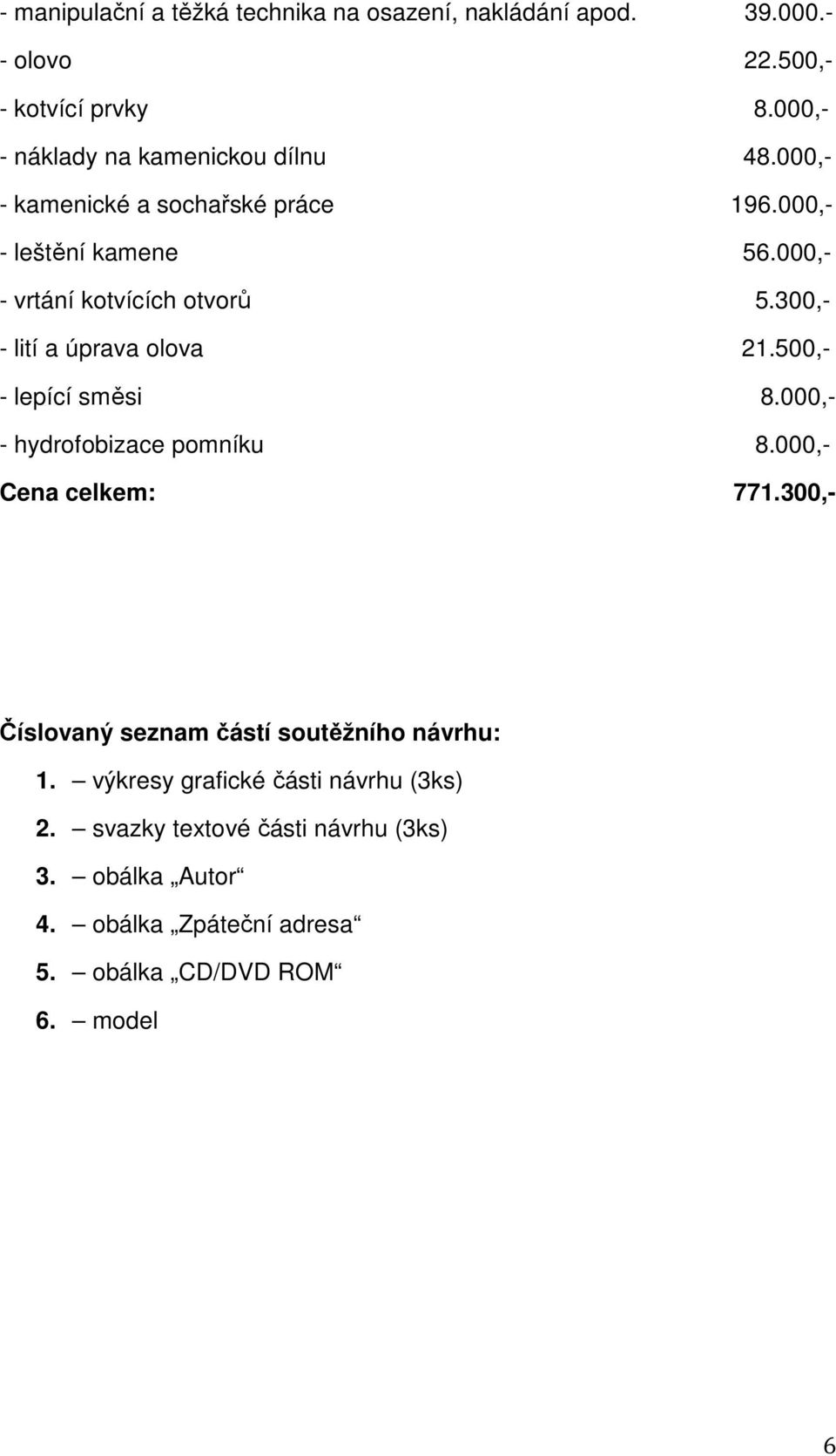 000,- - vrtání kotvících otvorů 5.300,- - lití a úprava olova 21.500,- - lepící směsi 8.000,- - hydrofobizace pomníku 8.