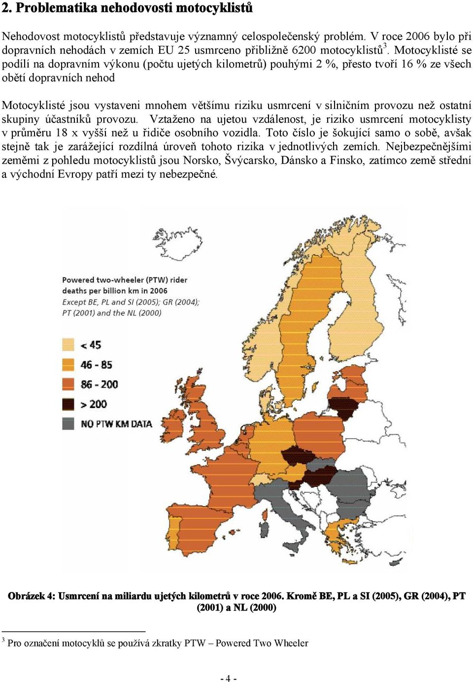 Motocyklisté se podílí na dopravním výkonu (počtu ujetých kilometrů) pouhými 2 %, přesto tvoří 16 % ze všech obětí dopravních nehod Motocyklisté jsou vystaveni mnohem většímu riziku usmrcení v