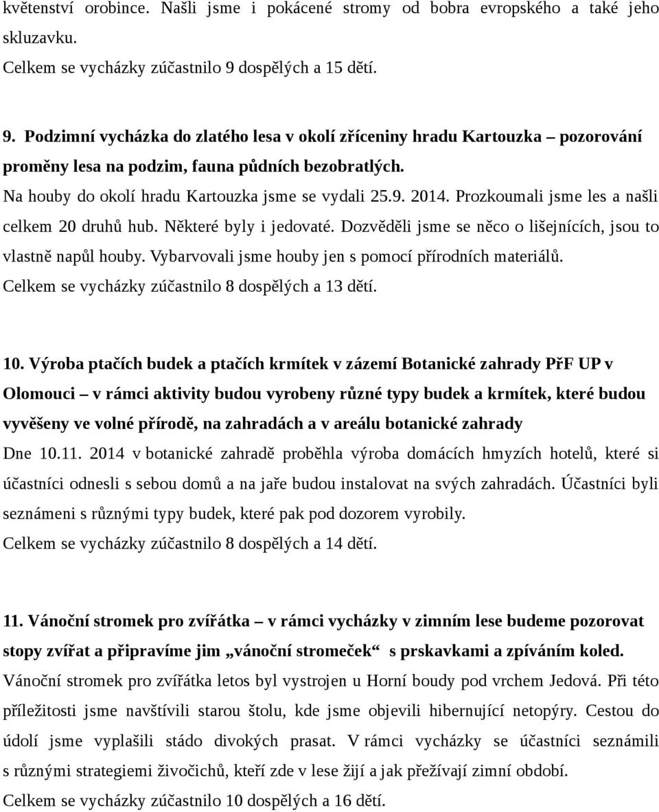 Na houby do okolí hradu Kartouzka jsme se vydali 25.9. 2014. Prozkoumali jsme les a našli celkem 20 druhů hub. Některé byly i jedovaté.