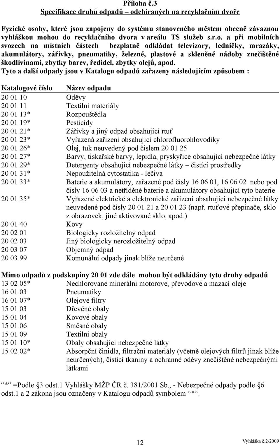 r.o. a při mobilních svozech na místních částech bezplatně odkládat televizory, ledničky, mrazáky, akumulátory, zářivky, pneumatiky, železné, plastové a skleněné nádoby znečištěné škodlivinami,