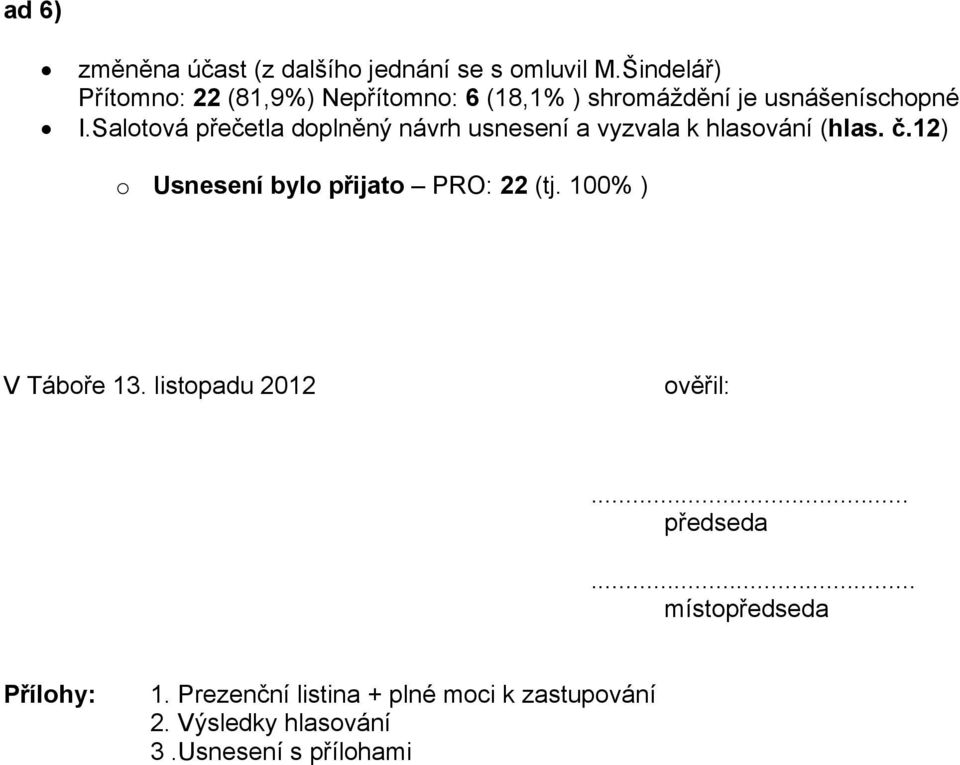 Salotová přečetla doplněný návrh usnesení a vyzvala k hlasování (hlas. č.