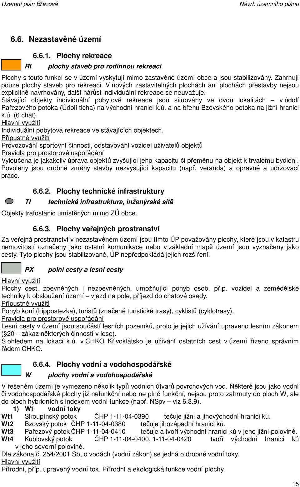 Stávající objekty individuální pobytové rekreace jsou situovány ve dvou lokalitách v údolí Pařezového potoka (Údolí ticha) na východní hranici k.ú. a na břehu Bzovského potoka na jižní hranici k.ú. (6 chat).