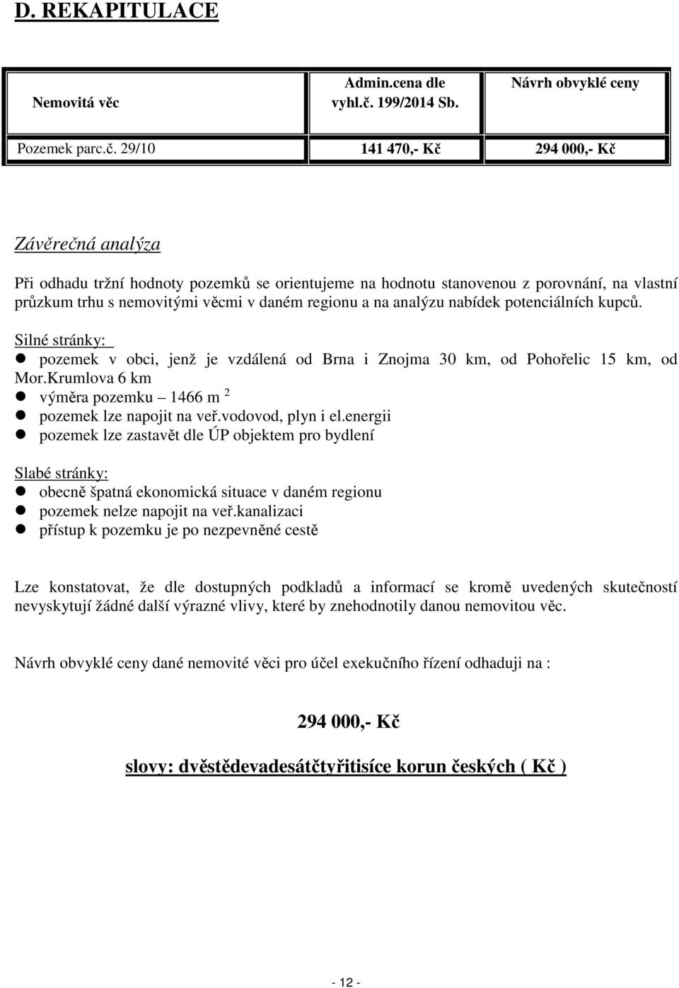 29/10 141 470,- Kč 294 000,- Kč Závěrečná analýza Při odhadu tržní hodnoty pozemků se orientujeme na hodnotu stanovenou z porovnání, na vlastní průzkum trhu s nemovitými věcmi v daném regionu a na