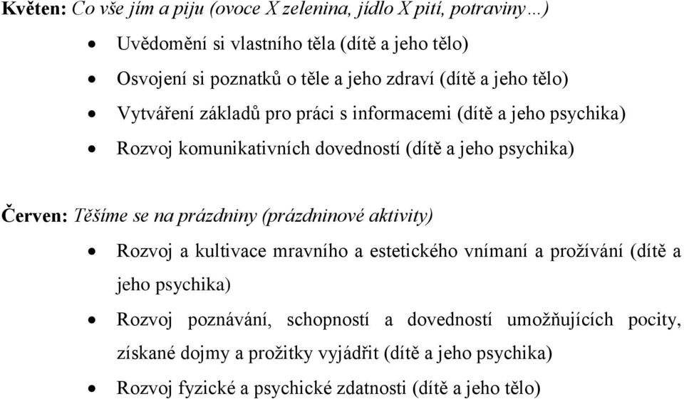 Červen: Těšíme se na prázdniny (prázdninové aktivity) Rozvoj a kultivace mravního a estetického vnímaní a prožívání (dítě a jeho psychika) Rozvoj