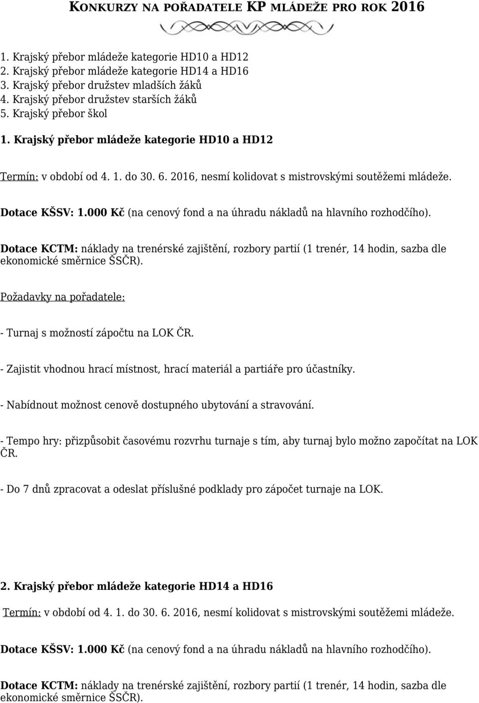 Dotace KŠSV: 1.000 Kč (na cenový fond a na úhradu nákladů na hlavního rozhodčího). Dotace KCTM: náklady na trenérské zajištění, rozbory partií (1 trenér, 14 hodin, sazba dle ekonomické směrnice ŠSČR).