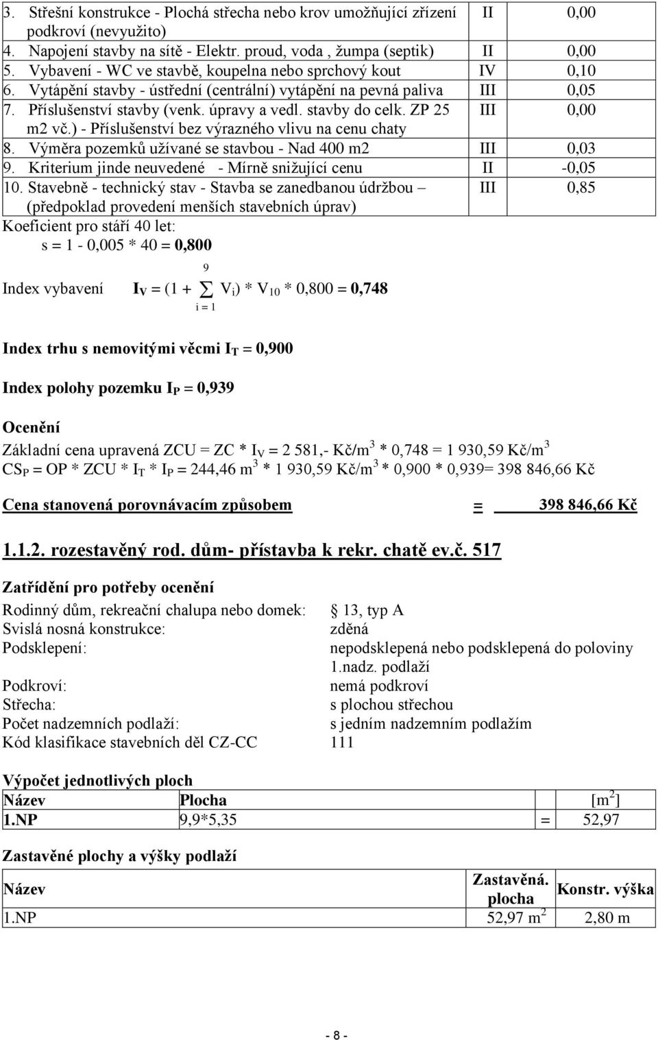 ZP 25 III 0,00 m2 vč.) - Příslušenství bez výrazného vlivu na cenu chaty 8. Výměra pozemků užívané se stavbou - Nad 400 m2 III 0,03 9. Kriterium jinde neuvedené - Mírně snižující cenu II -0,05 10.