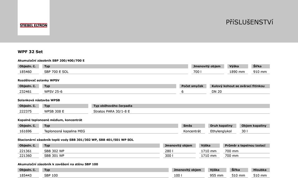 kapalina MEG Koncentrát Ethylenglykol 30 l Stacionární zásobník teplé vody SBB 301/302 WP, SBB 401/501 WP SOL Jmenovitý objem Výška Průměr s tepelnou izolací