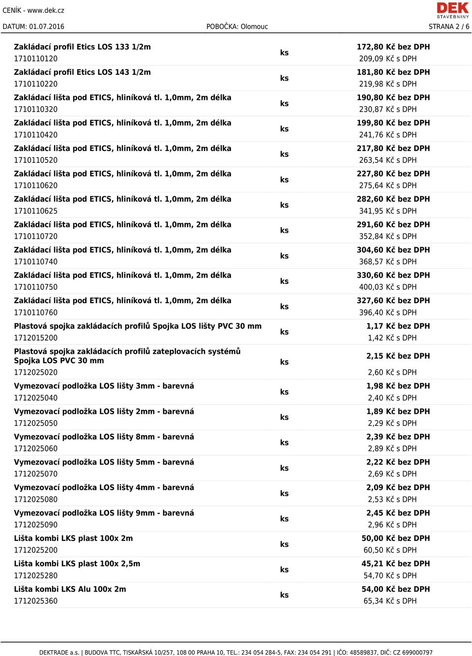 190,80 Kč bez DPH 1710110320 230,87 Kč s DPH 199,80 Kč bez DPH 1710110420 241,76 Kč s DPH 217,80 Kč bez DPH 1710110520 263,54 Kč s DPH 227,80 Kč bez DPH 1710110620 275,64 Kč s DPH 282,60 Kč bez DPH