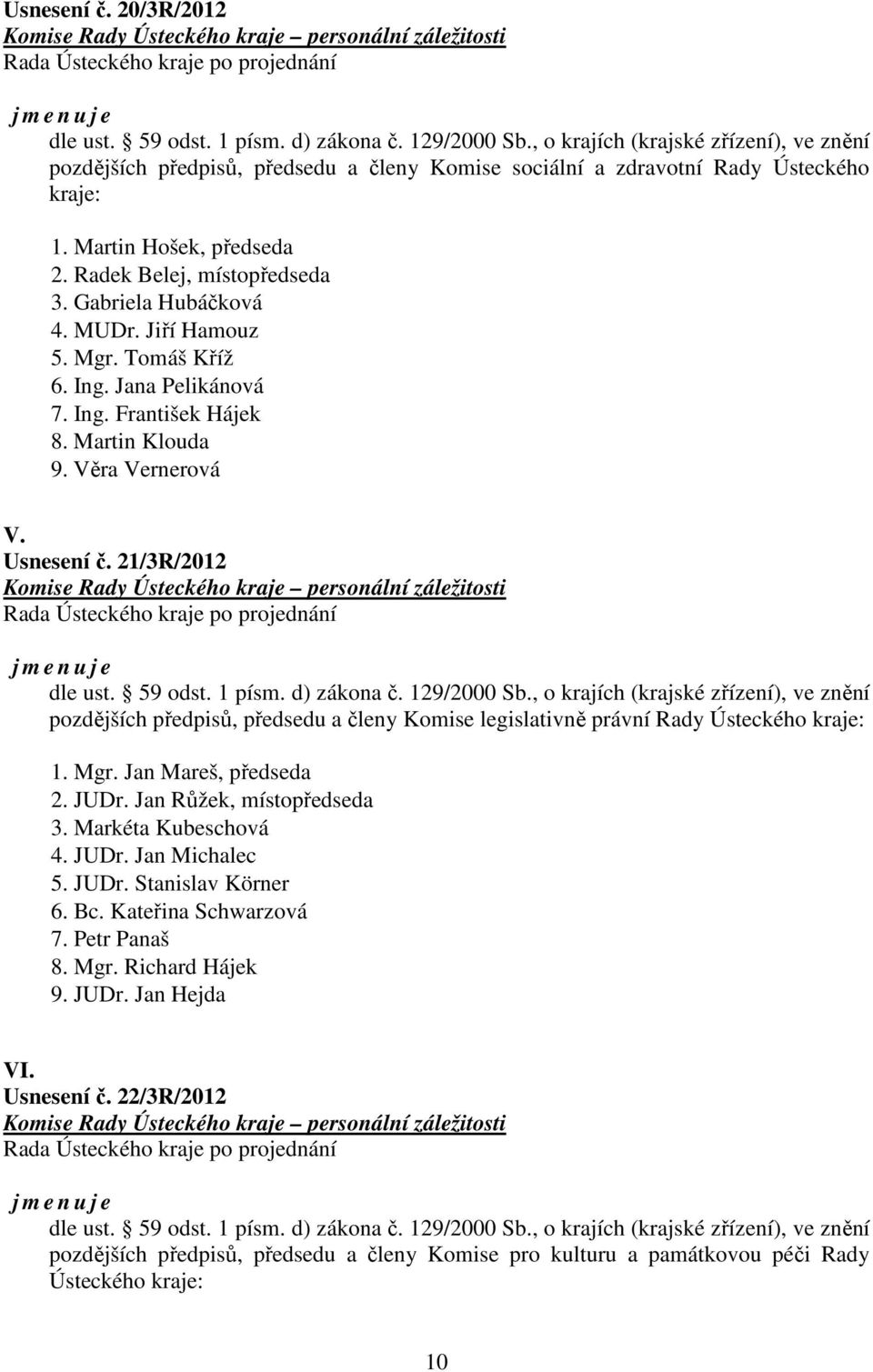 Gabriela Hubáčková 4. MUDr. Jiří Hamouz 5. Mgr. Tomáš Kříž 6. Ing. Jana Pelikánová 7. Ing. František Hájek 8. Martin Klouda 9. Věra Vernerová V. Usnesení č.