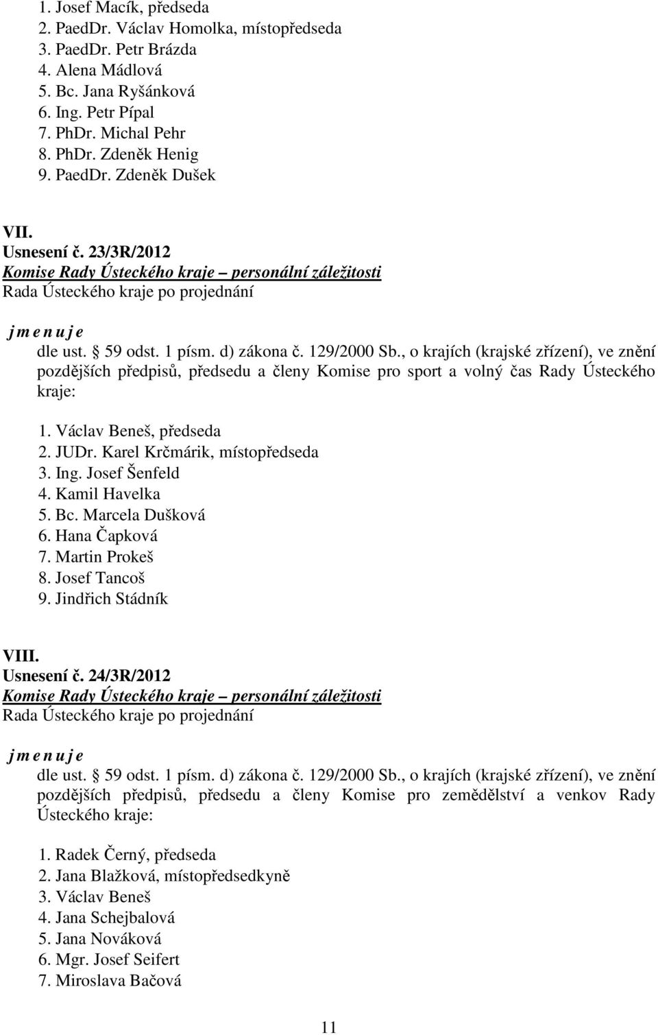 , o krajích (krajské zřízení), ve znění pozdějších předpisů, předsedu a členy Komise pro sport a volný čas Rady Ústeckého kraje: 1. Václav Beneš, předseda 2. JUDr. Karel Krčmárik, místopředseda 3.