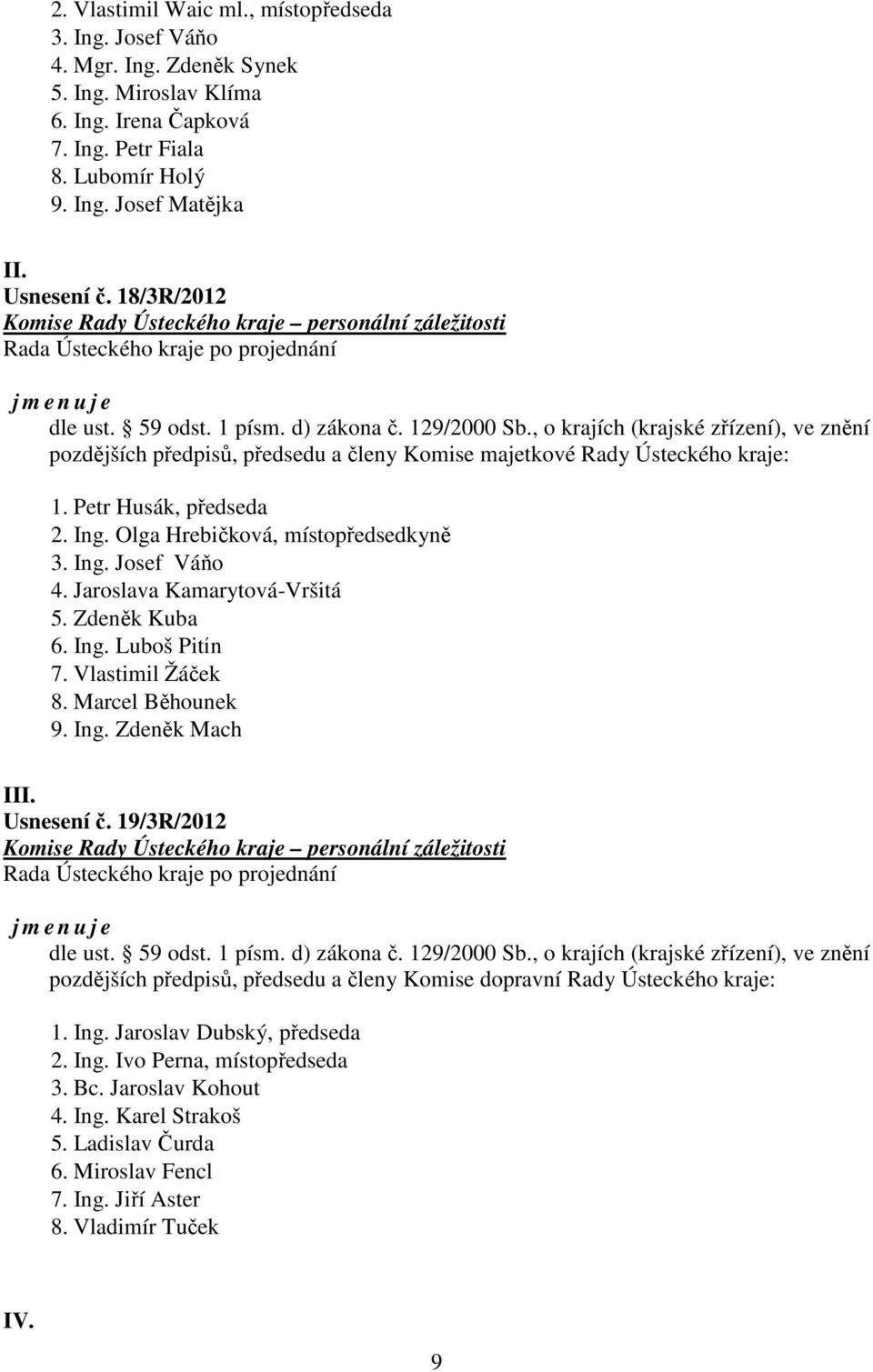 , o krajích (krajské zřízení), ve znění pozdějších předpisů, předsedu a členy Komise majetkové Rady Ústeckého kraje: 1. Petr Husák, předseda 2. Ing. Olga Hrebičková, místopředsedkyně 3. Ing. Josef Váňo 4.