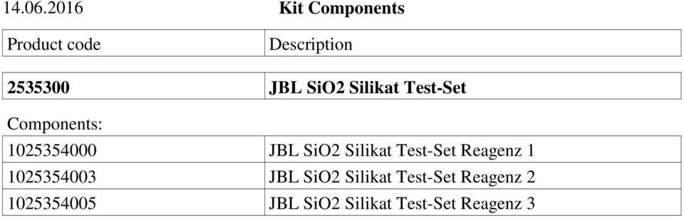 SiO2 Silikat Test-Set Components: 1025354000 JBL SiO2