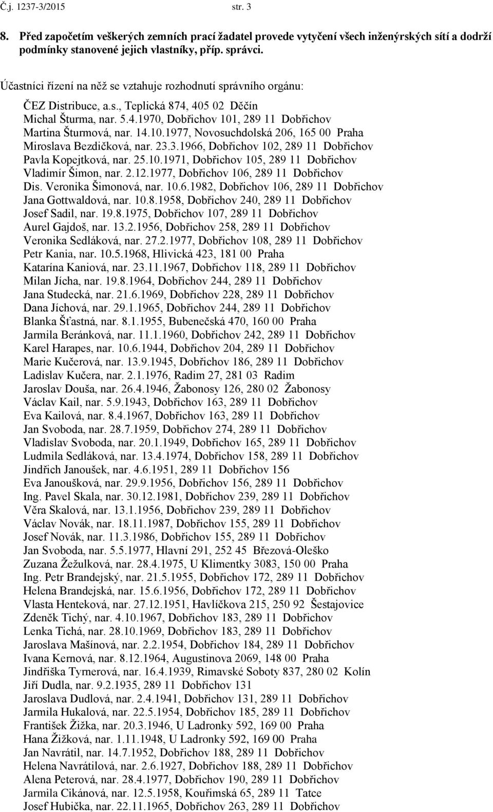 14.10.1977, Novosuchdolská 206, 165 00 Praha Miroslava Bezdičková, nar. 23.3.1966, Dobřichov 102, 289 11 Dobřichov Pavla Kopejtková, nar. 25.10.1971, Dobřichov 105, 289 11 Dobřichov Vladimír Šimon, nar.