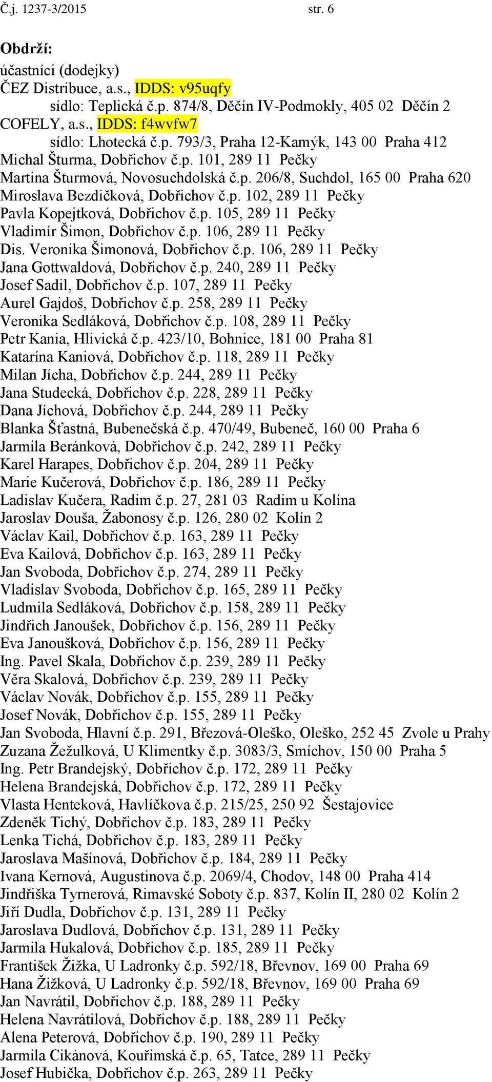 p. 106, 289 11 Pečky Dis. Veronika Šimonová, Dobřichov č.p. 106, 289 11 Pečky Jana Gottwaldová, Dobřichov č.p. 240, 289 11 Pečky Josef Sadil, Dobřichov č.p. 107, 289 11 Pečky Aurel Gajdoš, Dobřichov č.