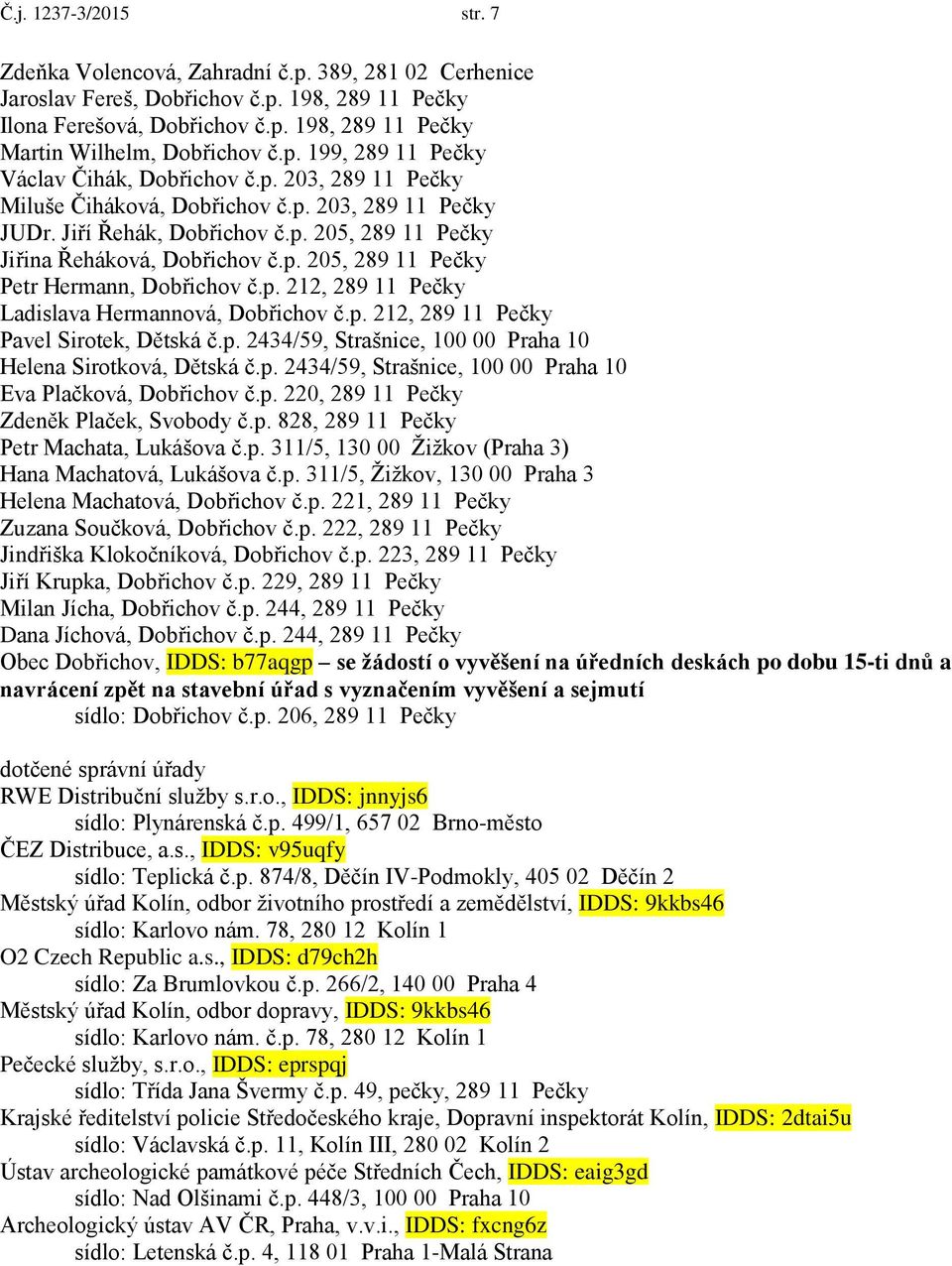 p. 212, 289 11 Pečky Ladislava Hermannová, Dobřichov č.p. 212, 289 11 Pečky Pavel Sirotek, Dětská č.p. 2434/59, Strašnice, 100 00 Praha 10 Helena Sirotková, Dětská č.p. 2434/59, Strašnice, 100 00 Praha 10 Eva Plačková, Dobřichov č.