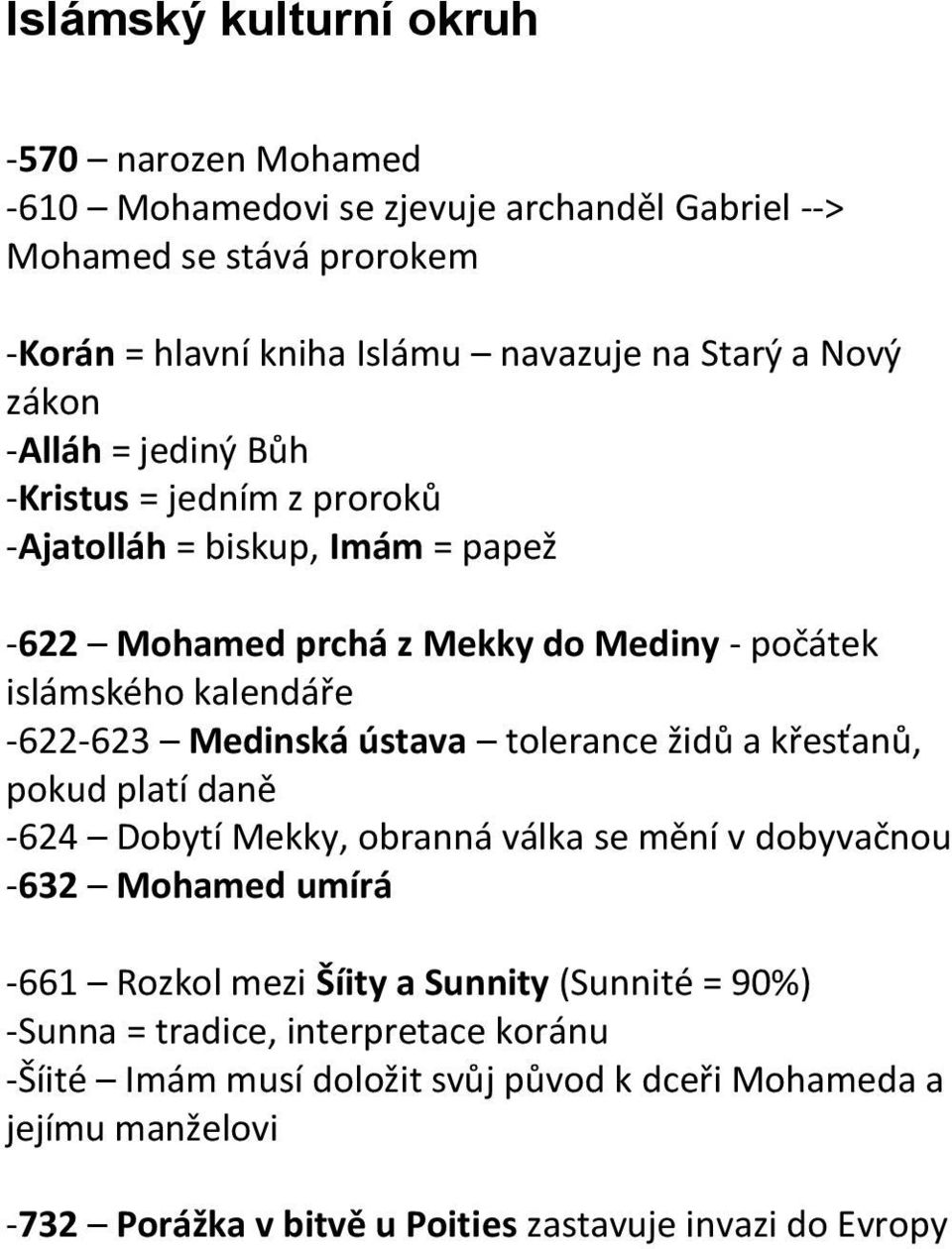 Medinská ústava tolerance židů a křesťanů, pokud platí daně -624 Dobytí Mekky, obranná válka se mění v dobyvačnou -632 Mohamed umírá -661 Rozkol mezi Šíity a Sunnity