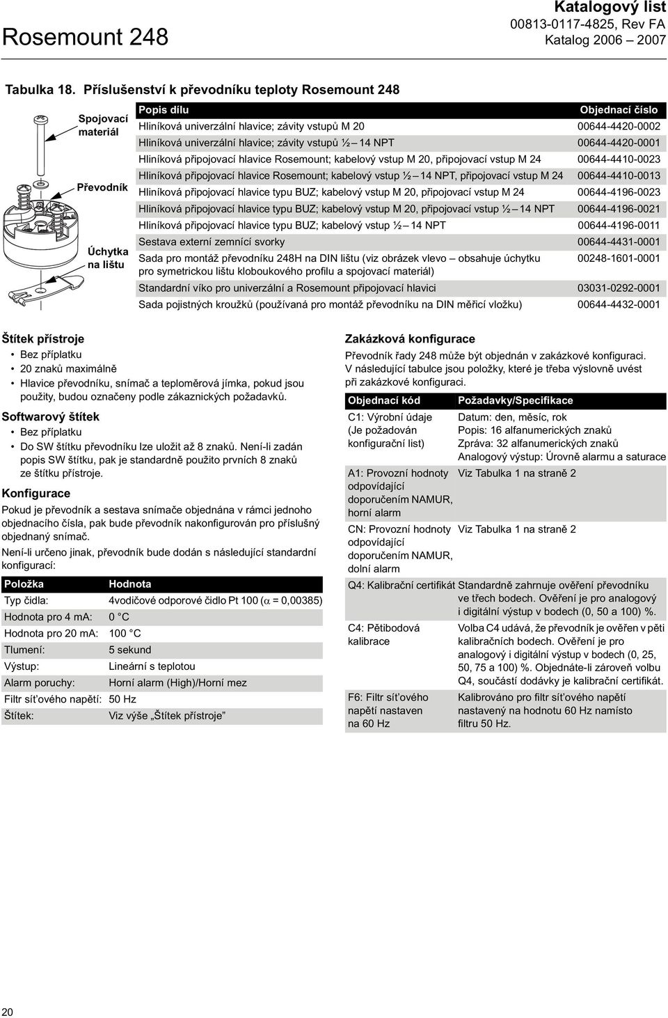 univerzální hlavice; závity vstup ½ 14 NPT 00644-4420-0001 Hliníková p ipojovací hlavice Rosemount; kabelový vstup M 20, p ipojovací vstup M 24 00644-4410-0023 Hliníková p ipojovací hlavice