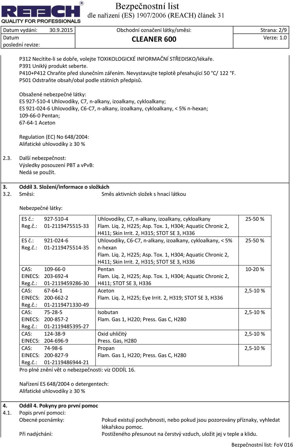 Obsažené nebezpečné látky: ES 927-510-4 Uhlovodíky, C7, n-alkany, izoalkany, cykloalkany; ES 921-024-6 Uhlovodíky, C6-C7, n-alkany, izoalkany, cykloalkany, < 5% n-hexan; 109-66-0 Pentan; 67-64-1