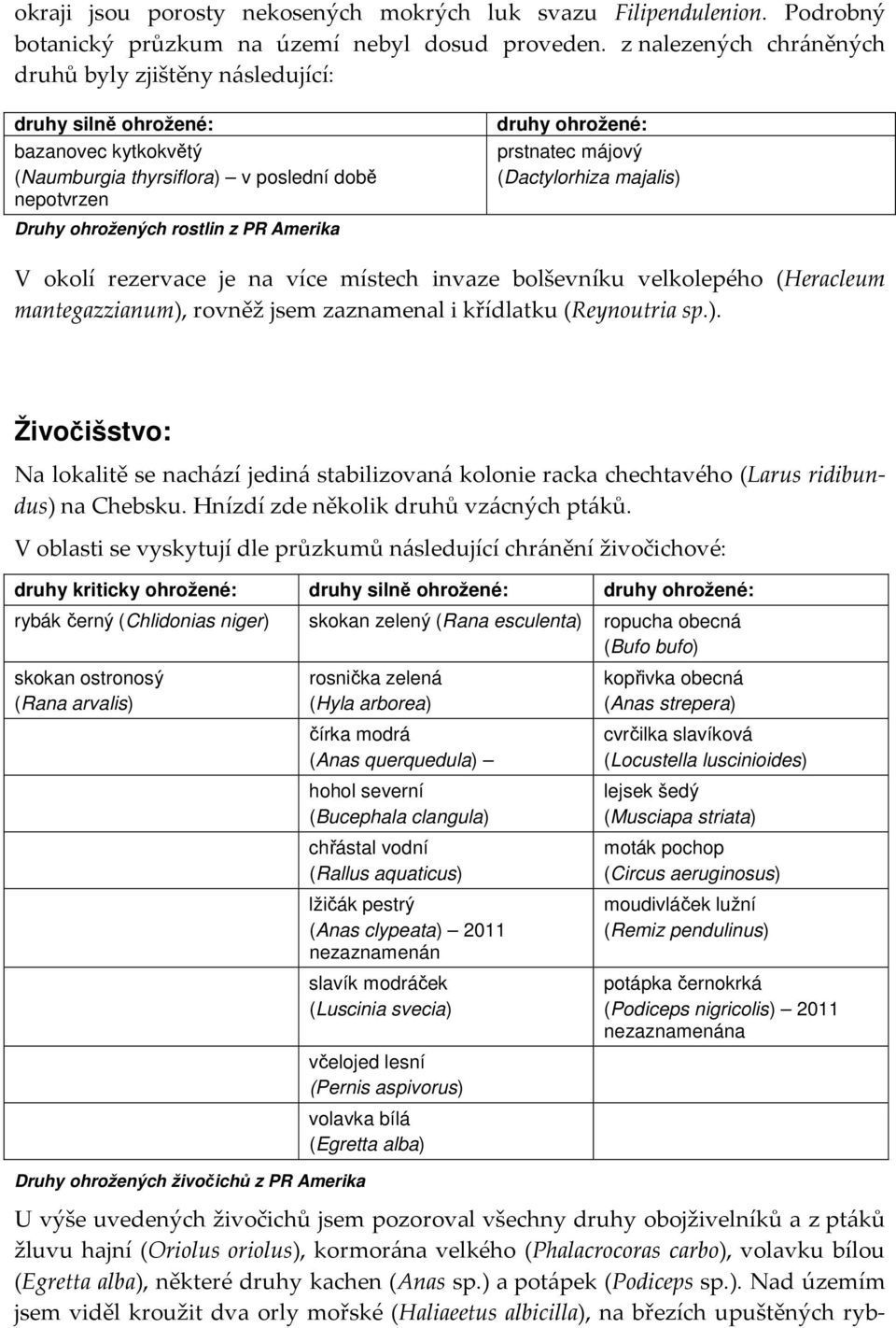 ohrožené: prstnatec májový (Dactylorhiza majalis) V okolí rezervace je na více místech invaze bolševníku velkolepého (Heracleum mantegazzianum), rovněž jsem zaznamenal i křídlatku (Reynoutria sp.). Živočišstvo: Na lokalitě se nachází jediná stabilizovaná kolonie racka chechtavého (Larus ridibundus) na Chebsku.