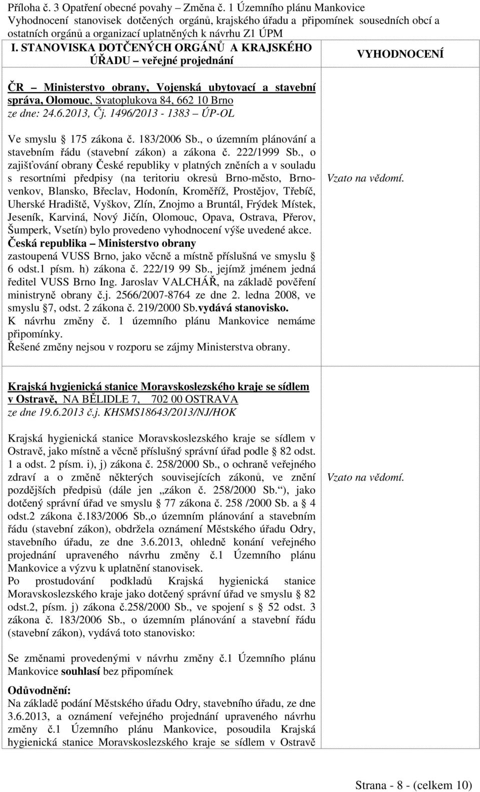 , o zajišťování obrany České republiky v platných zněních a v souladu s resortními předpisy (na teritoriu okresů Brno-město, Brnovenkov, Blansko, Břeclav, Hodonín, Kroměříž, Prostějov, Třebíč,