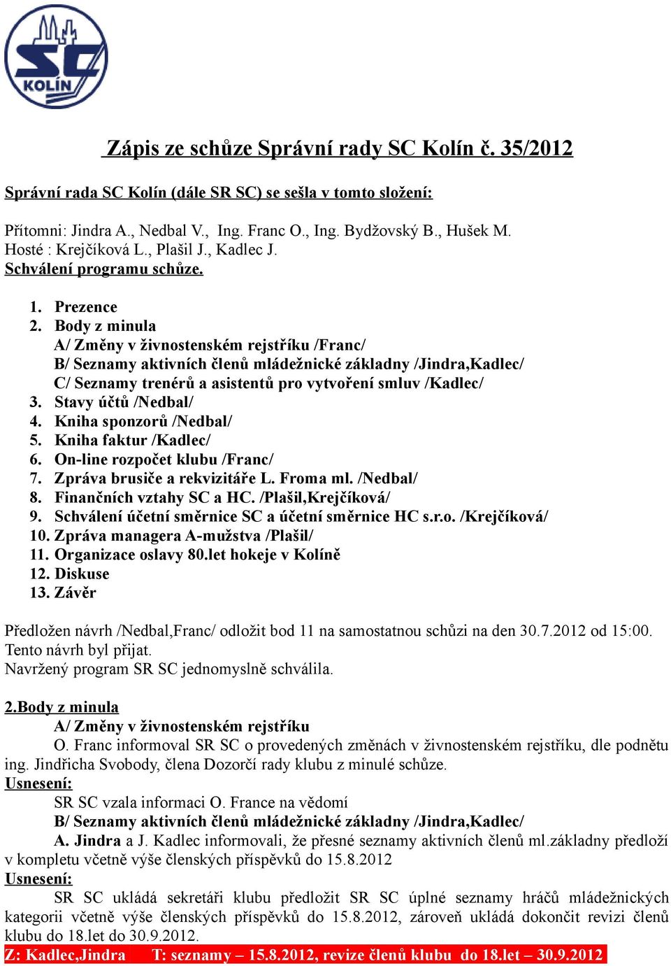 Body z minula A/ Změny v živnostenském rejstříku /Franc/ B/ Seznamy aktivních členů mládežnické základny /Jindra,Kadlec/ C/ Seznamy trenérů a asistentů pro vytvoření smluv /Kadlec/ 3.