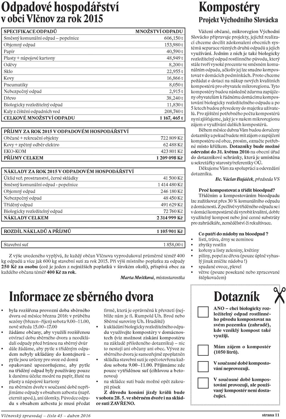 CELKEM NÁKLADY ZA ROK 2015 V ODPADOVÉM HOSPODÁŘSTVÍ Úklid veř.