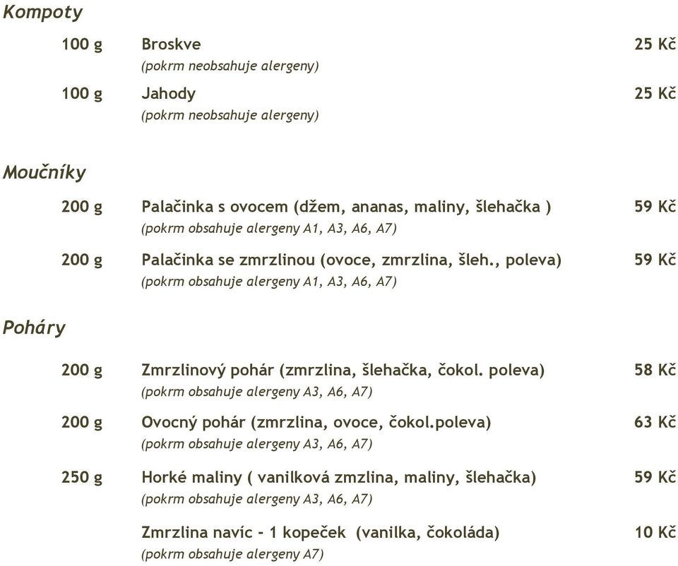 , poleva) 59 Kč (pokrm obsahuje alergeny A1, A3, A6, A7) Poháry 200 g Zmrzlinový pohár (zmrzlina, šlehačka, čokol.