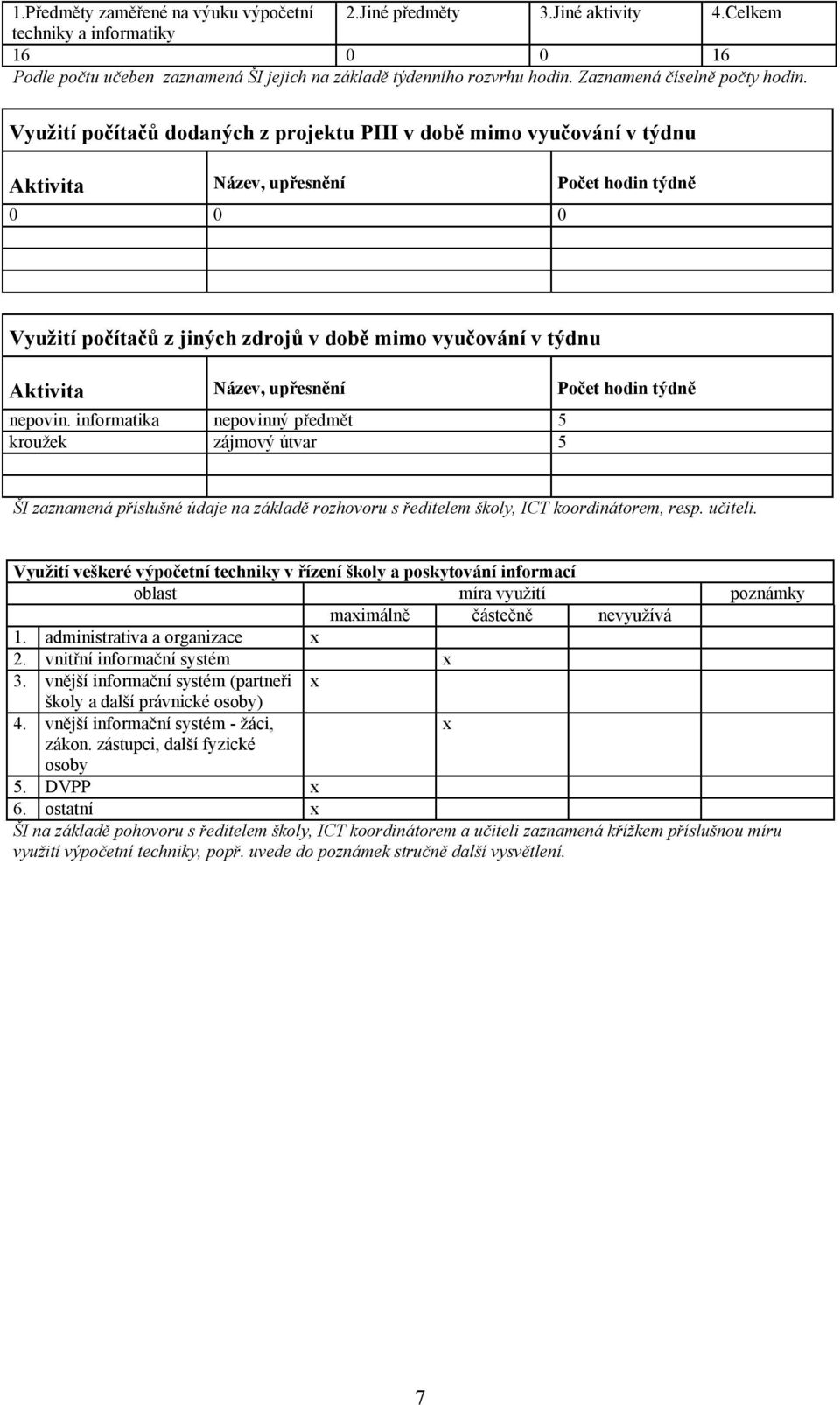 Název, upřesnění Počet hodin týdně nepovin. informatika nepovinný předmět 5 kroužek zájmový útvar 5 ŠI zaznamená příslušné údaje na základě rozhovoru s ředitelem školy, ICT koordinátorem, resp.