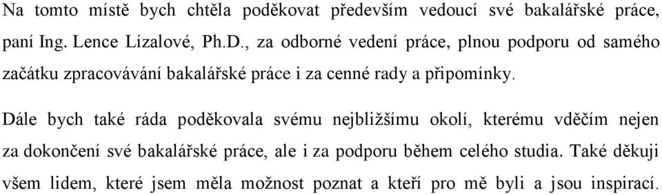 Dále bych také ráda poděkovala svému nejbližšímu okolí, kterému vděčím nejen za dokončení své bakalářské práce, ale i