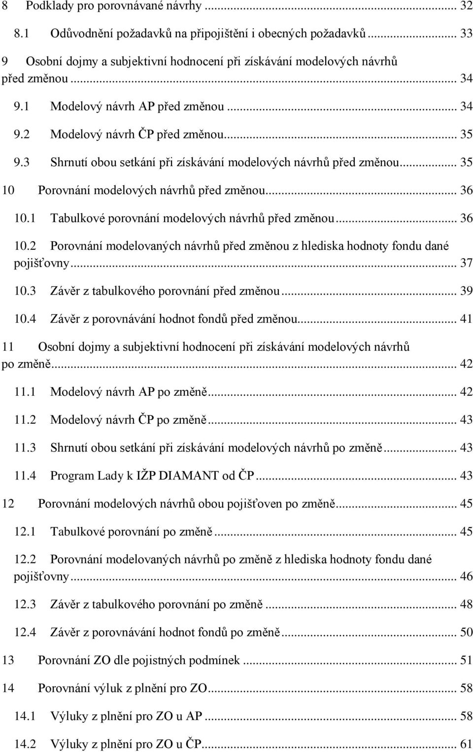 .. 36 10.1 Tabulkové porovnání modelových návrhů před změnou... 36 10.2 Porovnání modelovaných návrhů před změnou z hlediska hodnoty fondu dané pojišťovny... 37 10.