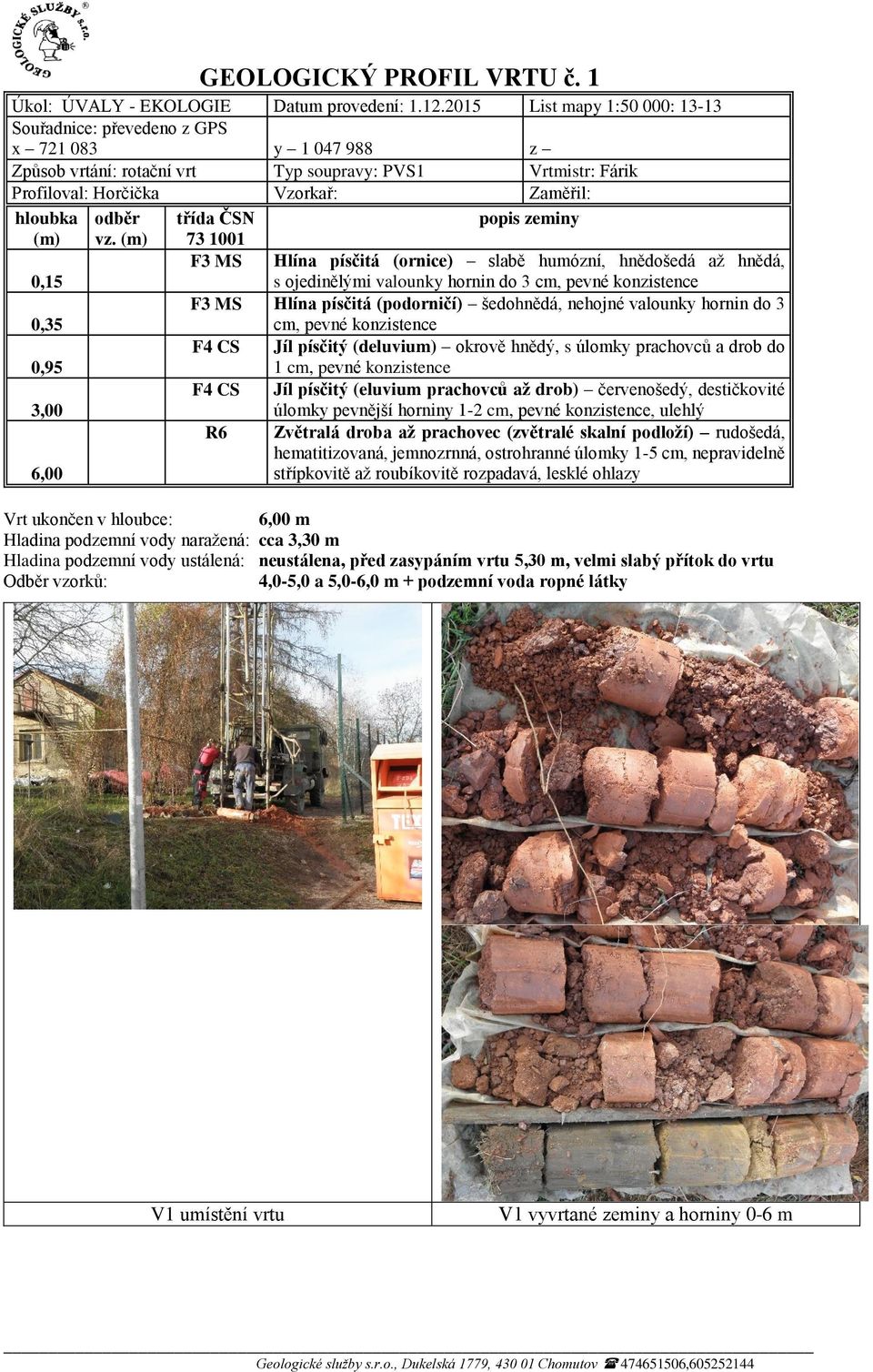 nehojné valounky hornin do 3 cm, pevné konzistence 0,95 F4 CS Jíl písčitý (deluvium) okrově hnědý, s úlomky prachovců a drob do 1 cm, pevné konzistence 3,00 F4 CS Jíl písčitý (eluvium prachovců až