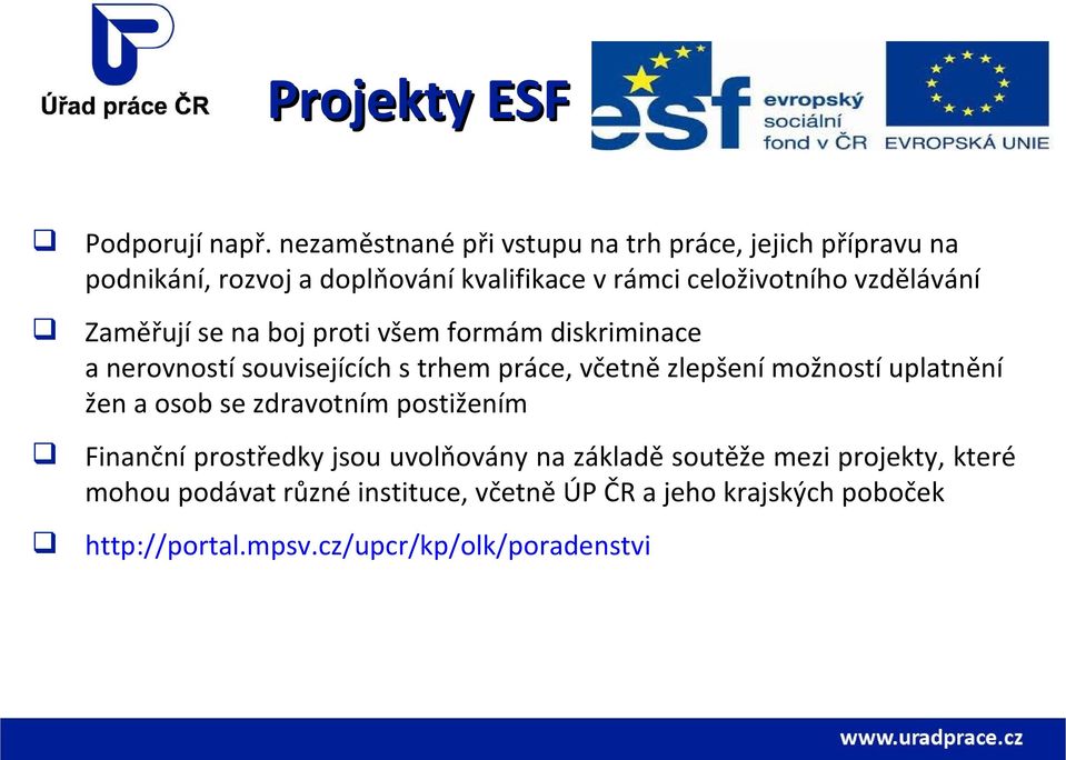 vzdělávání Zaměřují se na boj proti všem formám diskriminace a nerovností souvisejících s trhem práce, včetně zlepšení možností