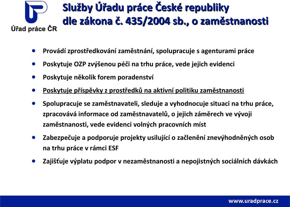 forem poradenství Poskytuje příspěvky z prostředků na aktivní politiku zaměstnanosti Spolupracuje se zaměstnavateli, sleduje a vyhodnocuje situaci na trhu práce, zpracovává