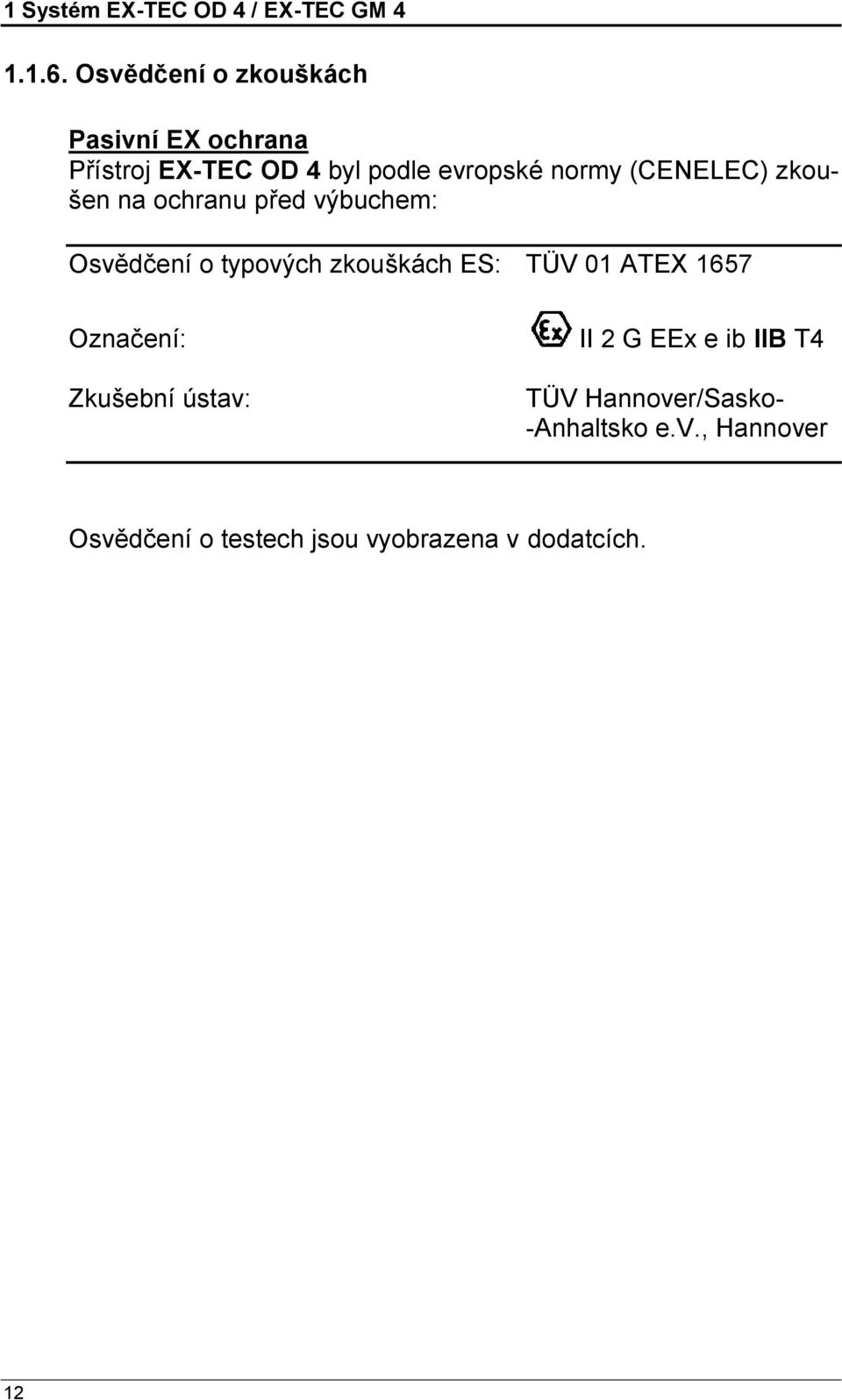 (CENELEC) zkoušen na ochranu př ed vý buchem: Osvědč enío typový ch zkoušká ch ES: TÜV 01
