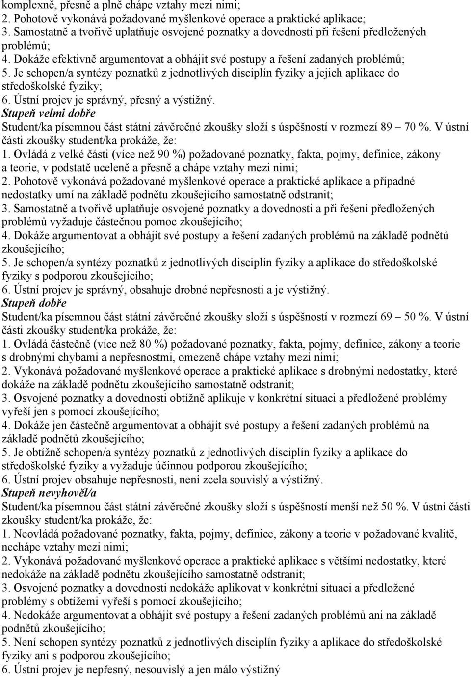Je schopen/a syntézy poznatků z jednotlivých disciplín fyziky a jejich aplikace do středoškolské fyziky; 6. Ústní projev je správný, přesný a výstižný.