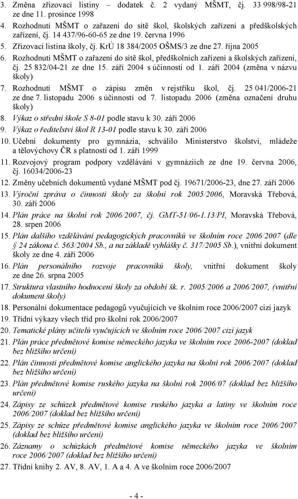 Rozhodnutí MŠMT o zařazení do sítě škol, předškolních zařízení a školských zařízení, čj. 25 832/04-21 ze dne 15. září 2004 s účinností od 1. září 2004 (změna v názvu školy) 7.