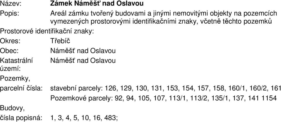 Oslavou Katastrální Náměšť nad Oslavou území: Pozemky, parcelní čísla: stavební parcely: 126, 129, 130, 131, 153, 154, 157,