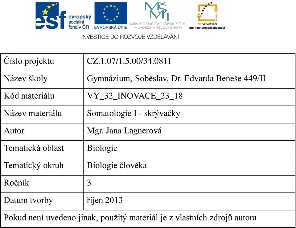 Edvarda Beneše 449/II VY_32_INOVACE_23_18 Somatologie I - skrývačky Mgr.