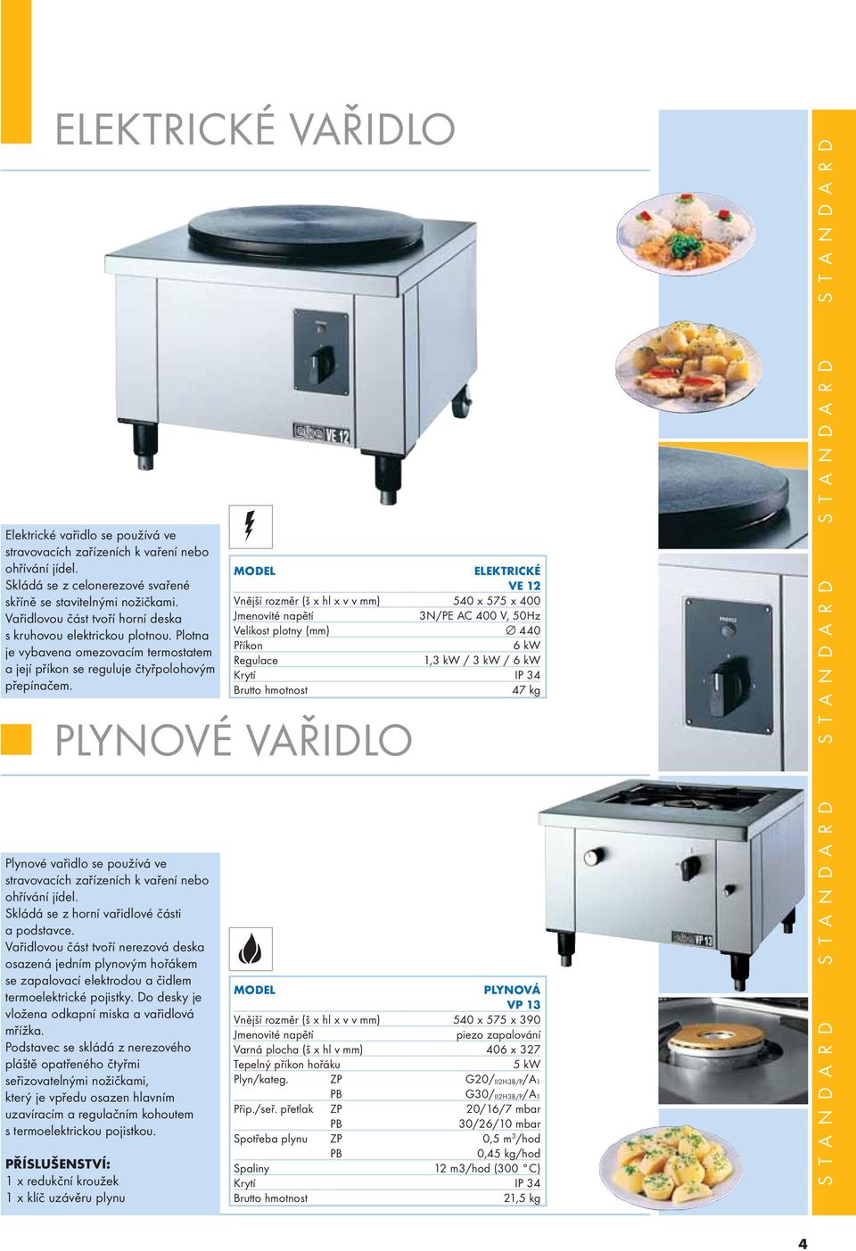 ELEKTRICKÉ VE 12 Vnější rozměr (š x hl x v v mm) 540 x 575 x 400 3N/PE AC 400 V, 50Hz Velikost plotny (mm) 440 Příkon 6 kw Regulace 1,3 kw / 3 kw / 6 kw 47 kg PLYNOVÉ VAŘIDLO Plynové vařidlo se