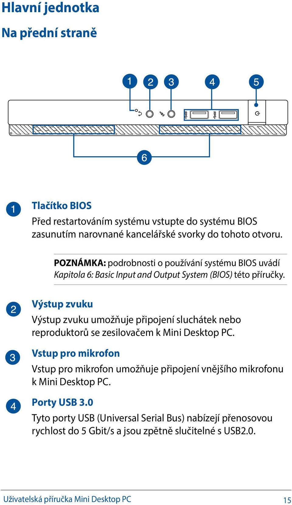 Výstup zvuku Výstup zvuku umožňuje připojení sluchátek nebo reproduktorů se zesilovačem k Mini Desktop PC.