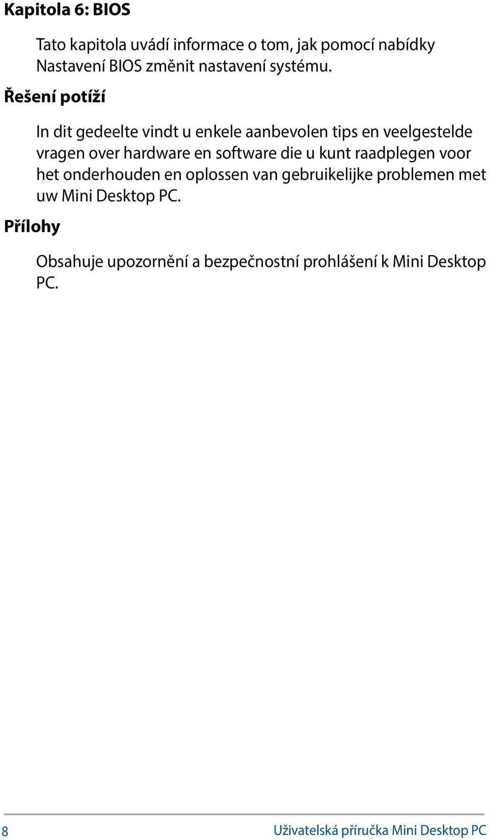 Řešení potíží Přílohy In dit gedeelte vindt u enkele aanbevolen tips en veelgestelde vragen over hardware en
