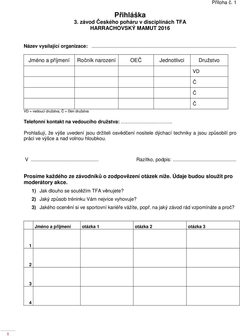 . Prohlašuji, že výše uvedení jsou držiteli osvědčení nositele dýchací techniky a jsou způsobilí pro práci ve výšce a nad volnou hloubkou. V... Razítko, podpis:.