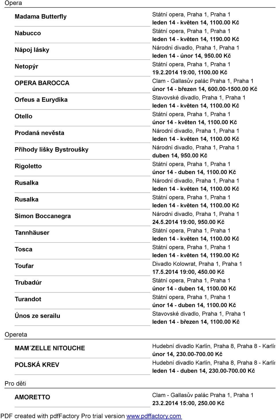 00 Kč OPERA BAROCCA Clam - Gallasův palác Praha 1, Praha 1 únor 14 - březen 14, 600.00-1500.00 Kč Orfeus a Eurydika Stavovské divadlo, Praha 1, Praha 1 leden 14 - květen 14, 1100.