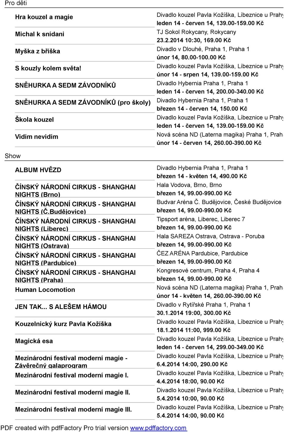 00 Kč SNĚHURKA A SEDM ZÁVODNÍKŮ Divadlo Hybernia Praha 1, Praha 1 leden 14 - červen 14, 200.00-340.