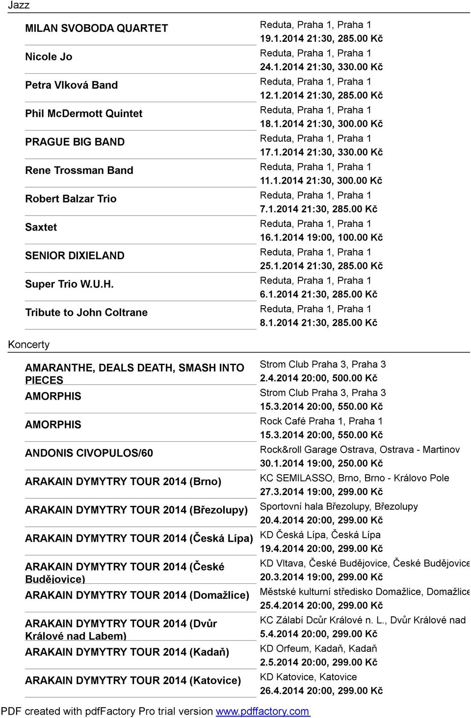 1.2014 21:30, 285.00 Kč Saxtet Reduta, Praha 1, Praha 1 16.1.2014 19:00, 100.00 Kč SENIOR DIXIELAND Reduta, Praha 1, Praha 1 25.1.2014 21:30, 285.00 Kč Super Trio W.U.H. Reduta, Praha 1, Praha 1 6.1.2014 21:30, 285.00 Kč Tribute to John Coltrane Reduta, Praha 1, Praha 1 8.