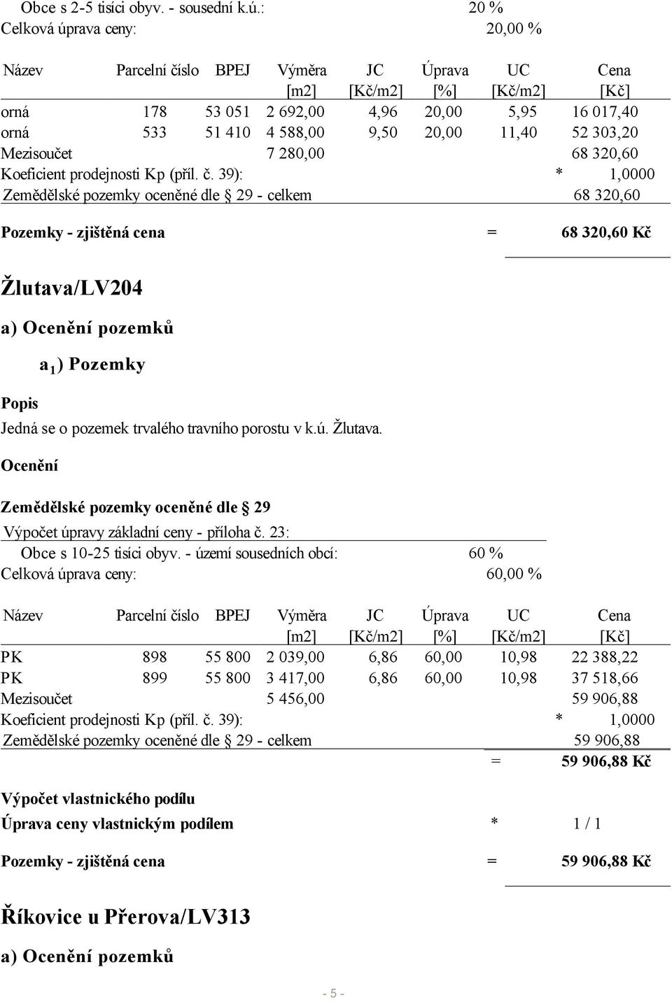 slo BPEJ Výměra [m2] orná 178 53 051 2 692,00 orná 533 51 410 4 588,00 Mezisoučet 7 280,00 Koeficient prodejnosti Kp (příl. č.