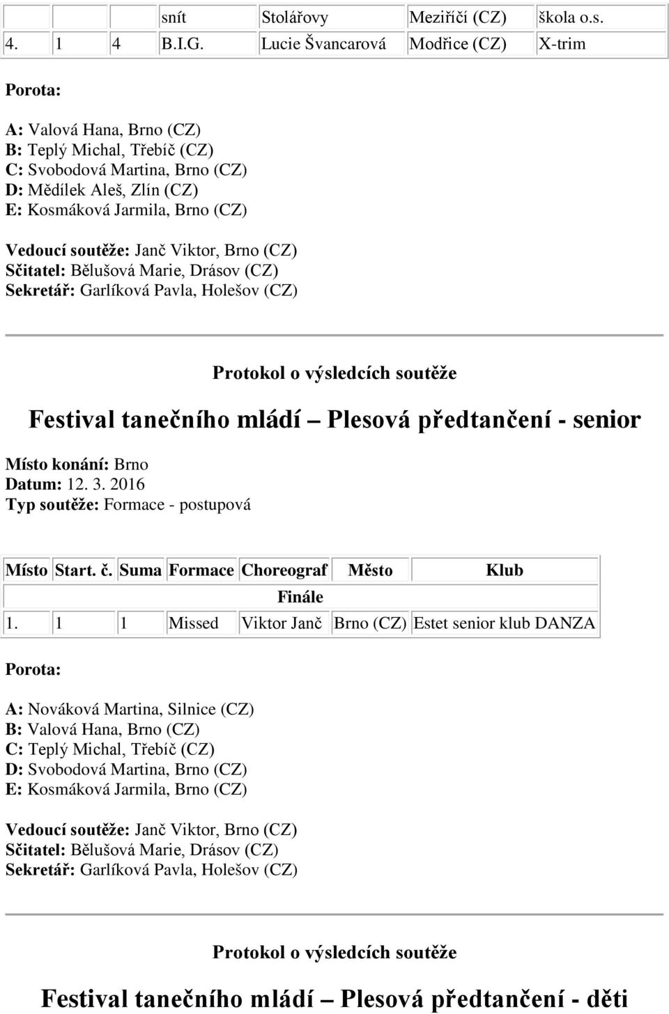 Zlín E: Kosmáková Jarmila, Brno Festival tanečního mládí Plesová předtančení - senior 1.