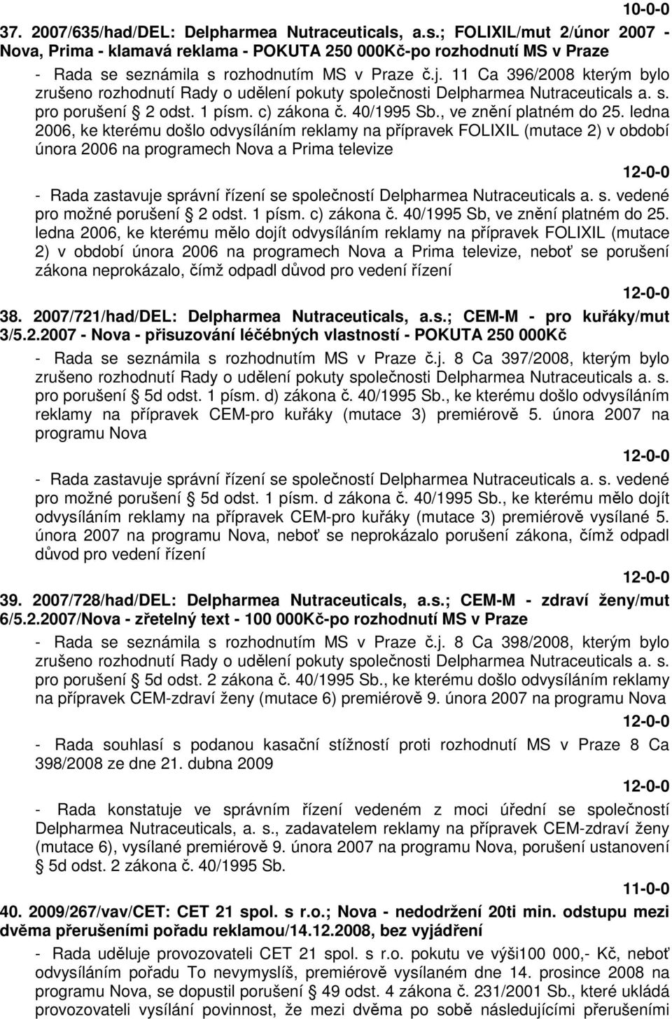 ledna 2006, ke kterému došlo odvysíláním reklamy na přípravek FOLIXIL (mutace 2) v období února 2006 na programech Nova a Prima televize - Rada zastavuje správní řízení se společností Delpharmea