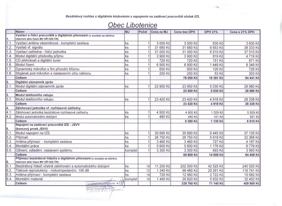 2. Vysílač vf. signálu ks 1 31 680 Kč 31 680 Kč 6653 Kč 38333 Kč 1.3. Vvsllacl ústředna - řídící jednotka ks 1 31 000 Kč 31 000 Kč 6510 Kč 37510 Kč 1.4.